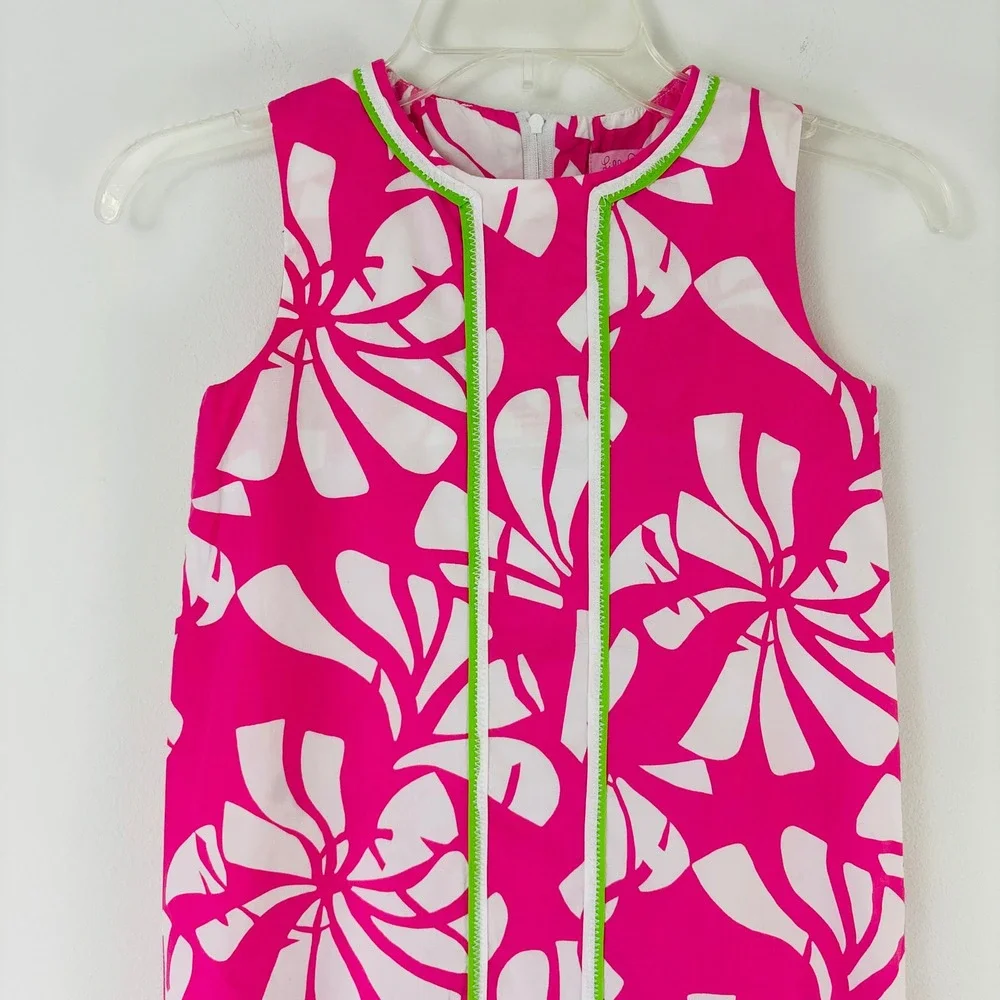 Lilly Pulitzer Girls Pink White Floral Shift Dress Green Trim Size 8‎